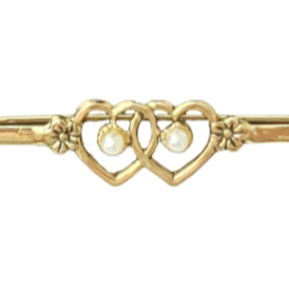 Gold Double Hearts Brooch on a bar with Pearl Centers and Dainty Flowers - Picture 3 of 5